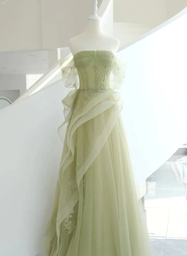 Light Green Tulle with Beaded A-line Prom Dress